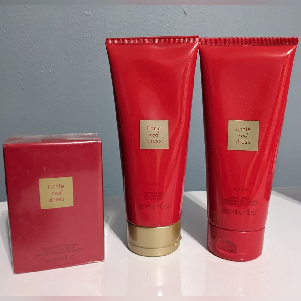 New unopened Avon Litte Red Dress set - body lotion,shower gel,perfume spray